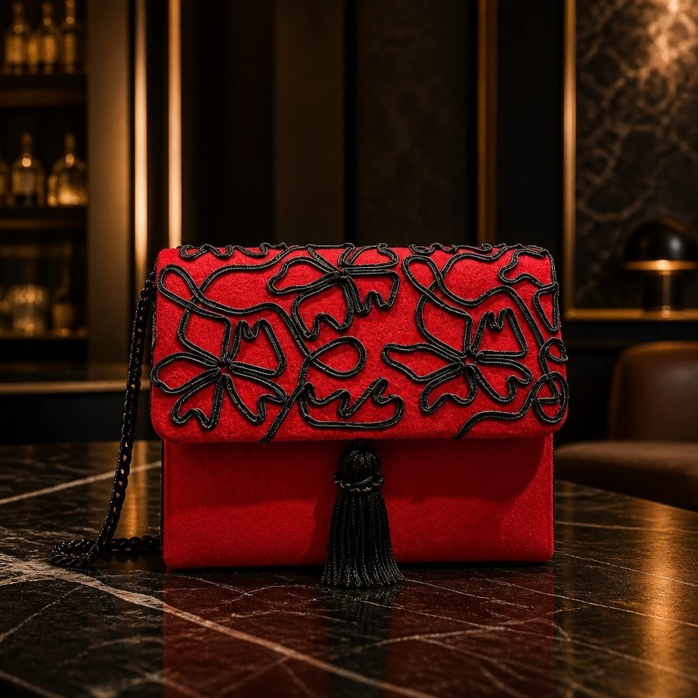 Vintage Red Suede Crossbody Bag with Black Soutache Floral Trim and Tassel